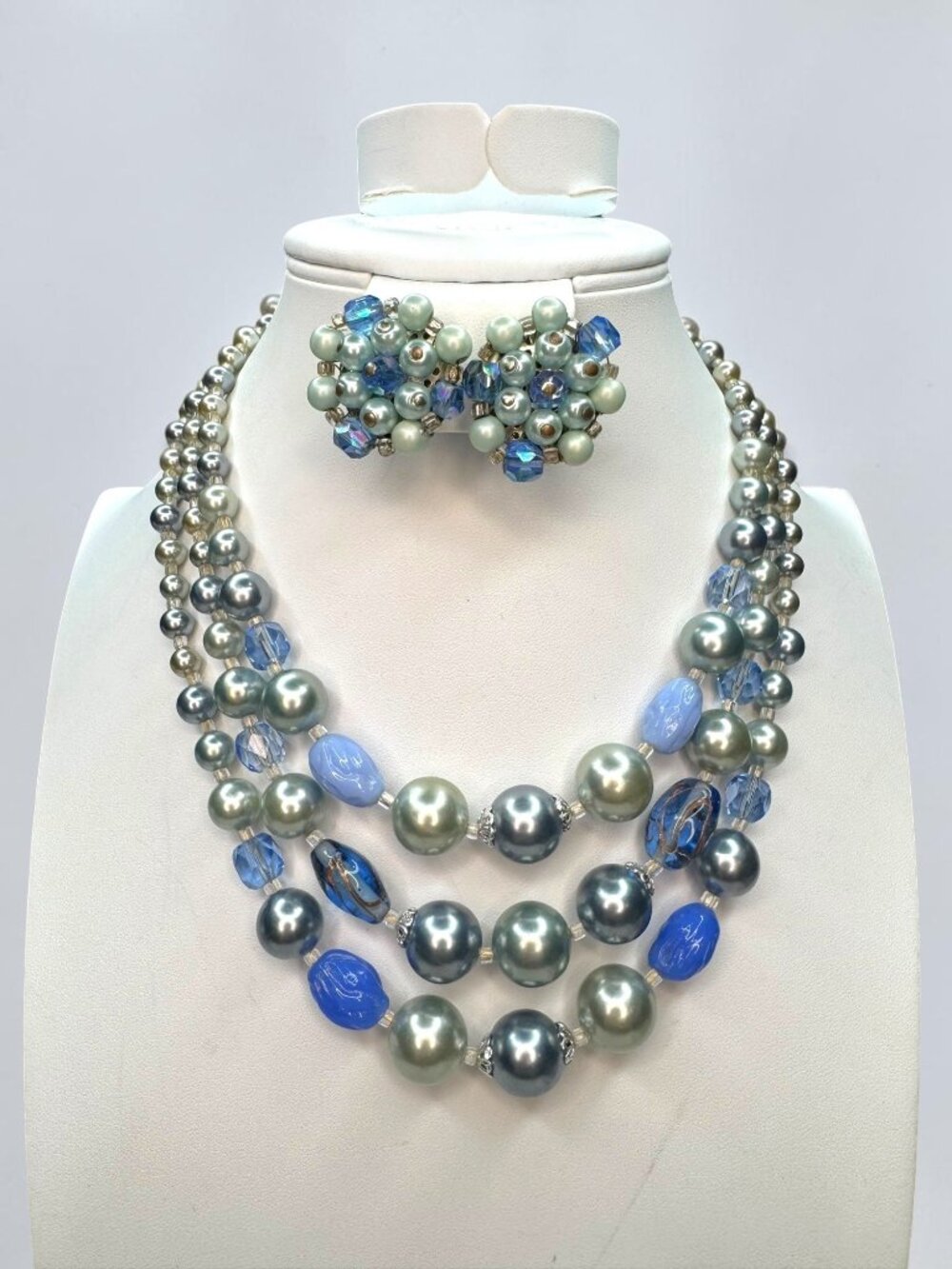 Japan Faux Pearl Blue Crystal Necklace Earrings Set 1950s Vintage